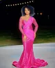 Fuchsia Zeemeermin Galajurken Sparkly Kralen Pure Hals Lange Mouwen Verjaardagsfeestje Avondjurken Robe De Bal