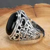 Real Solid 925 Sterling Silver Mens Ring Vintage Punk Style Black Onyx Natural Stone Hollow Design Women Jewelry Christmas 240305