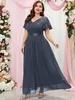 Laço cinza plus size mãe da noiva vestidos com decote em v mangas curtas vestido de convidado de casamento até o chão uma linha vestidos de noite chiffon