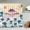 Shower Curtains Crane Sea Waves Shower Curtains Sun Fuji Mountain Bird Flowers Plants Creative Landscape Bathroom Decor Fabric Bath Curtain Sets Y240316