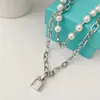 Designer tiffay and co lock chain pearl splicing Necklace various wearing methods hip hop personality versatile style can be used as sweater
