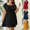 Femmes robe d'été col carré manches courtes à volants décor Mini élastique taille haute couleur unie ourlet ample grande taille 240312