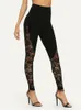 Sexig hög midja svart spetsar leggings damer blommor sidopanel klippt ut S2XL 240314