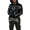 Dames Hoodies Combhasaki Dames Halloween Y2K Vintage Gothic Steentjes Skelet Print Lange mouw Capuchon Tops Met Rits Voor Lente