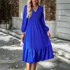 Casual Dresses Spring Autumn Blue Long Women Fashion V Neck Ruffled Dress Ladies Elegant Loose Puff Sleeve Maxi