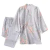 Sleepwear 100% bomullskvinnor Sleepwear Home Clothes Ladies Half Sleeve Kimono Robe Ställer långa byxor Pamas Passar hemkläder Pijama Seda