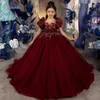 Girl Dresses Luxury Burgundy Girls Pageant Appliques Beads Children Birthday Gowns Bows Floor Length Kids Wedding Guest