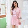 Sexy Pyjamas Womens Sleepwear Women Satin Robe Set Kimono Bathrobe Gown With Lace Soft Intimate Lingerie Summer Nightwear Lounge Wear Otft4