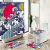 Shower Curtains Japanese Style Shower Curtain Cartoon Blue Ocean Wave Design Home Non-Slip Pedestal Rug Toilet Cover Kid Room Bathroom Deco Set Y240316