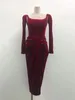 Casual Dresses 2024 Autumn Women's Wine Red Black Velvet Pendant Sexy Square Neck Tight Long Dress Elegant Celebrity Party