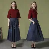 Dresses Summer Denim Skirts Elastic Waist Longuette Pleated Skirts Large Pendulum Bouffancy Denim Longuette 1027