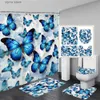 Duschgardiner Floral fjäril Duschgardin Set Purple Blue Flowers Plant Bath Curtain med badmattor Toalett täcker badrumsdekor Dörormat Y240316