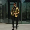 2024 Moda Parlayan Altın Düğün Takımları Erkekler İçin Ucuz Smokin İnce Uygun Damat Giyim En İyi Erkek Düğün Smokin (Ceket+Pant) Özelleştirilmiş