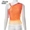 Tops PixieKiki Orange Print Mesh Sheer Sexy Tank Top Asymmetrical Lace Up One Shoulder Crop Tops for Women Y2k Streetwear P85AH10