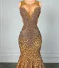 Sparkly Brown Diamond Long Prom Dress for Black Girl Luxury Pärlor Rhinestone Gold Sequin Mermaid Evening Formal Pageant Clows Custom Made Made