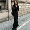 Basic Casual Dresses Women Basic Long Sle Dresses Zipper V-neck Pure Black Maxi Fashion Street Modern Sexy Fe Spring Autumn Graceful SimpleC24315