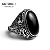 Real Solid 925 Sterling Silver Mens Ring Vintage Punk Style Black Onyx Natural Stone Hollow Design Women Jewelry Christmas 240305
