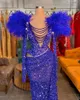 Robes de piste élégante bleu sirène bal paillettes scintillantes plume robe de soirée sur mesure manches longues robe de soirée
