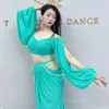 Scen Wear Belly Dance Clothing for Women Mesh Pearls Sleeves Top Long Kjol 2st Girl's Female Practice Outfit Costumes Set