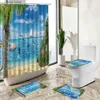 Shower Curtains Blue Ocean Scenery Shower Curtain Tropical Green Plant Palm Tree Boat Resort Home Deco Bath Mat Toilet Cover Bathroom Carpet Set Y240316