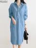 Casual Dresses Fashion Denim Long Dress Women Lapel Collar Midi Robe Zanzea 2024 Autumn Pockets Buttons Vestidos Holiday Loose