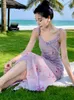 Robes décontractées Été Rose Mousseline de soie Imprimer Chic Volants Sling Robe longue Femmes Élégant Style de plage 2024 Mode coréenne Moulante