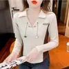 Women's Polos White T Shirts Long Sleeve Polo Neck Clothes Shirt Crop V Korean Style Offer Synthetic Cute Top Cotton