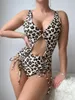 Maillots de bain pour femmes Sexy Brown Leopard Imprimer One Piece Maillot de bain 2024 Femmes Bague Liée Creux Cravate Side Cordon de bain Maillot de bain