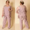 Pink plus size Mothers Pant Suits With Long Sleeves Lace Jacket Wedding Guest Dress Scoop Neck Chiffon Mother Of Bride Dresses