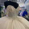 Light Champagne Quinceanera Dress Off The Shoulder Beading Appliques Lace Sparkling Ball Gown Birthday Formal Party Gown Robes De Soiree