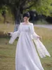 Vestidos casuais aigyptos primavera maix vestido branco para mulheres francês vintage tribunal estilo quadrado pescoço manga longa elegante magro cintura alta