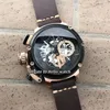 Gaucher 50 mm U-51 U51 Chimère Bronze 7474 Squelette Cadran Noir Quartz Chronographe Montre Homme Chronomètre Lunette Noire Cuir Stra240a