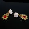 Lustre suspendu de luxe en résine blanche, fleur, strass rouge, pendentif, boucles d'oreilles à Clip, Vintage élégant pour femmes, 24316