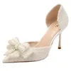 Luxo pérola cristal bowtie branco sapatos de casamento feminino 2024 primavera marca designer salto alto bombas mulher sapatos de festa de salto fino 240304