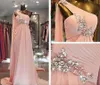 Elegant Beaded One Shoulder Pink Prom Dresses Chiffon A-Line Sweep Train Pleated Real Picture Evening Gowns 2024 Formal Dresses