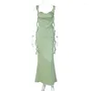 Casual Dresses 2024 Summer Solid Green Spaghetti Strap Backless Long Dress Streetwear Women Elegant Sexy Bandage Ruffles Evening Party