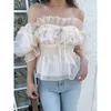 Blouses pour femmes Doux Maille Conception Hauts À Manches Bulles Col Hors de l'épaule Chemises Femme 2024 Printemps Été Japon Style Slim Taille Blouse