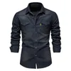 Elastic Cotton Denim Shirt High Quality Men Long Sleeve Solid Color Pocket Shirts for Men Casual Slim Fit Mens Designer Clothing 240313