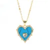 Pendentif Colliers Classique Vintage Bleu Turquoise Double Coeur Collier Zircon Plaqué Or Clavicule Chaîne Personnalisé Bijoux Cadeaux