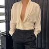 Kvinnors blusar eleganta asymmetriska olivkrage mode sexig fast färg långärmad bälte midja vintage skjorta y2k kläder 24