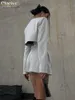 Clacive Mode Streifen Druck 2 Stück Sets Frauen Elegante Dünne Lange Hülse Unregelmäßige Top Mit Hoher Taille Shorts Set Streetwear 240309