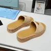 Designer sandals thick bottom sandal slippers for women Wood sole knit triangle Straw weave Slipper Summer Flat heel Casual Flip flops outdoors pool Sliders beach