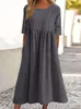 Spring and Summer New Round Neck 5/3 Sleeve Large Casual Loose Long Pure Cotton Linen Dress