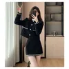 Vestido de duas peças unxx mulheres inverno fragrância renda costurada tweed terno saia conjunto preto estilo hepburn em torno do pescoço blazers de lã de duas peças