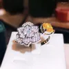 Pierścienie klastra urok cudowne iskrzące kwiat róży żółty kwadratowy kryształy 925 srebro dla kobiet
