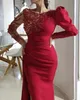 dark red Arabic Aso Ebi Sexy Mermaid Evening Dresses Long Beaded Prom Dresses side slit Long Sleeves Formal Party Second Reception Gowns