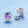 Stud Earrings Luxury Multicolor Tourmaline Flower Silver Color Oval Cut Zircon Crystal Stone Ear Studs For Women Jewelry