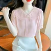 Summer Szyfon Blouses Kobiety Elegancki koreański mody mody -puff rękawa Blusas Mujer Slim Sexy Ladies Francuski vintage różowy topy Y2K 240306