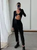 Tanks Cryptographic Fashion Cut Out Sexy Long Sleeve Bodysuits for Women Elegant Oring Metal Slim Tops High Rise Bodysuit Clothes