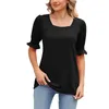 Damen-T-Shirts, Sommer, einfarbig, quadratischer Ausschnitt, Prinzessinnenärmel, kurzes, lockeres Hemd, Top, sportliche Kleidung für Damen